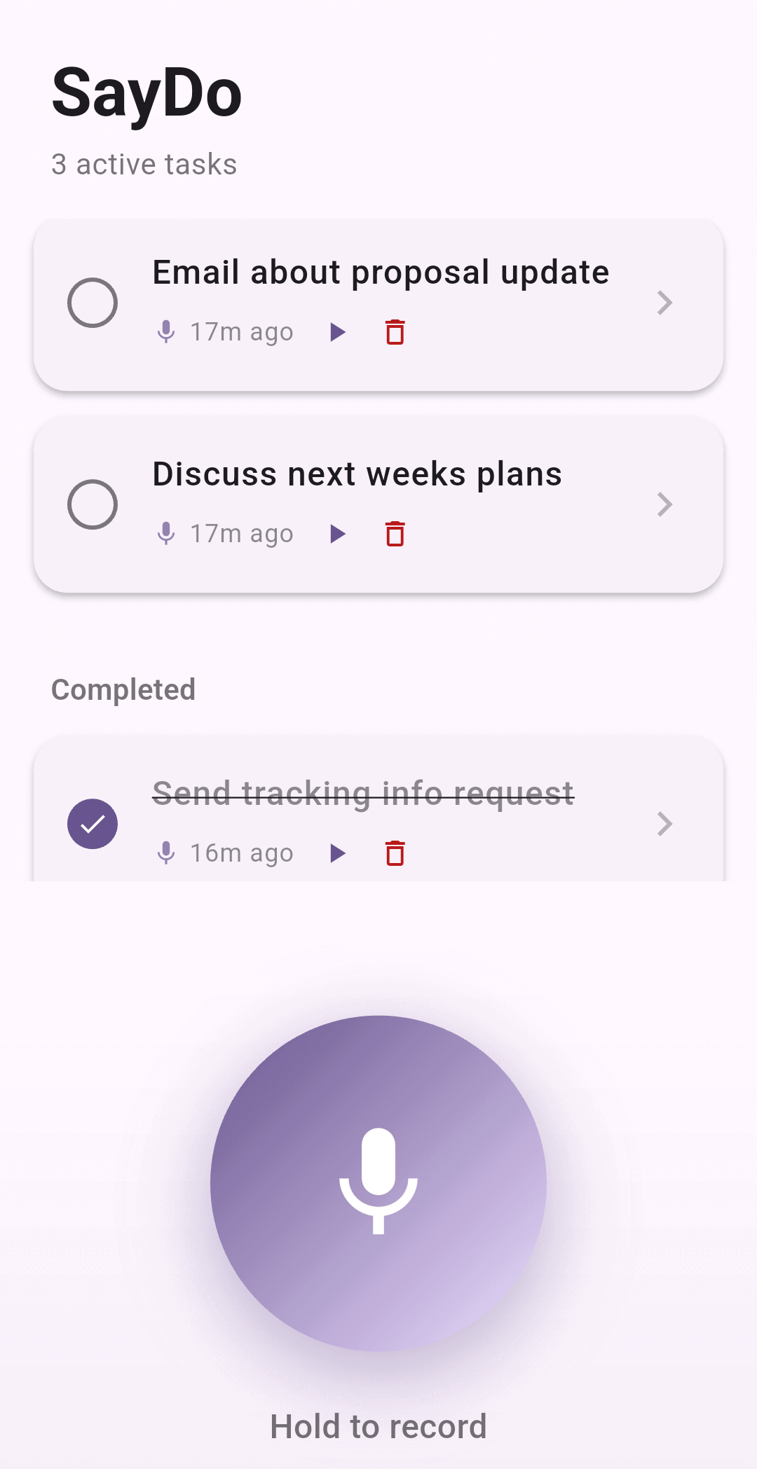 SayDo app home screen showing voice-powered task list with active and completed tasks